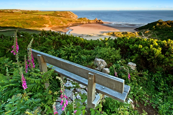 Seat overlooking Three Cliffs Bay on Gower