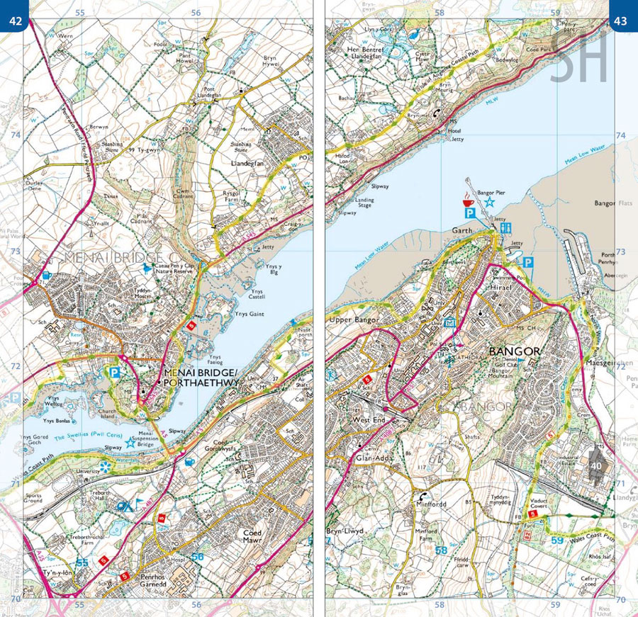 Large scale Ordnance Survey mapping of the Wales Coast Path - North Wales Coast - Bangor