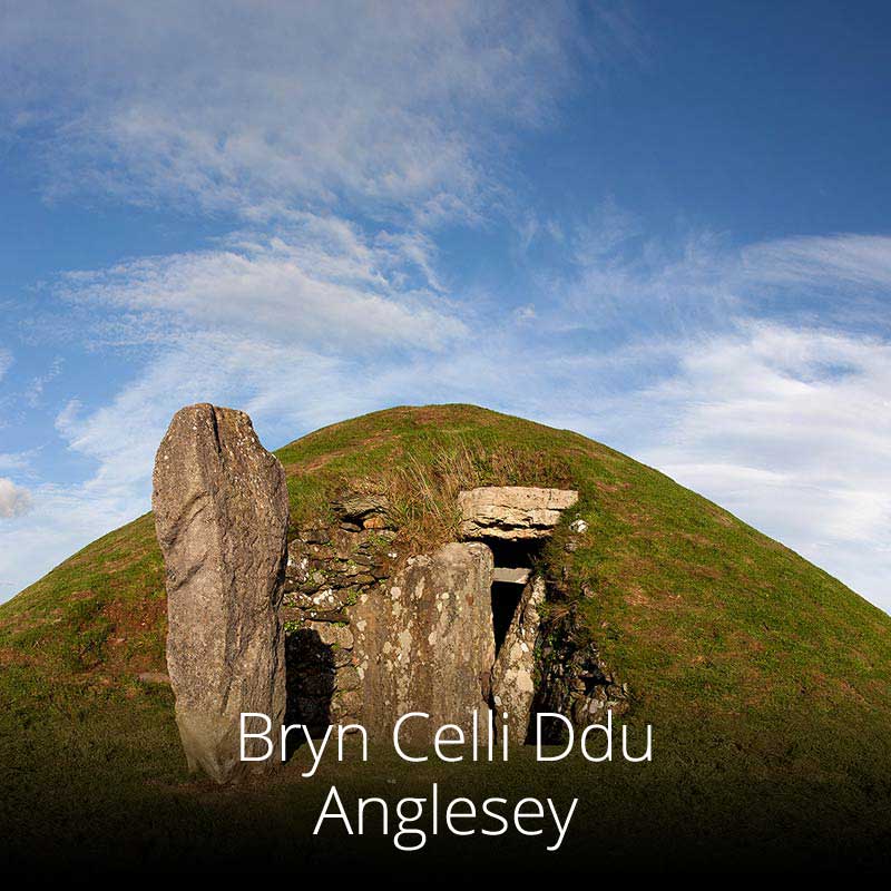 Reconstructed Neolithic burial chamber overlooking the Menai Strait on Anglesey -sites-bryn-celli-ddu-anglesey