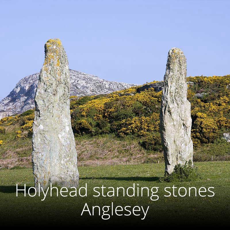 Two towering standing stones erected in the Bronze Age on Holyhead Mountain in Anglesey