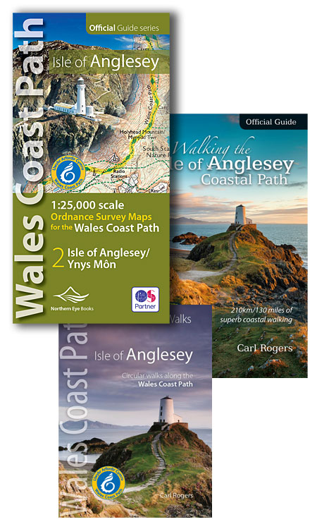 Three Anglesey walking books - official guide, circular walks, OS map book