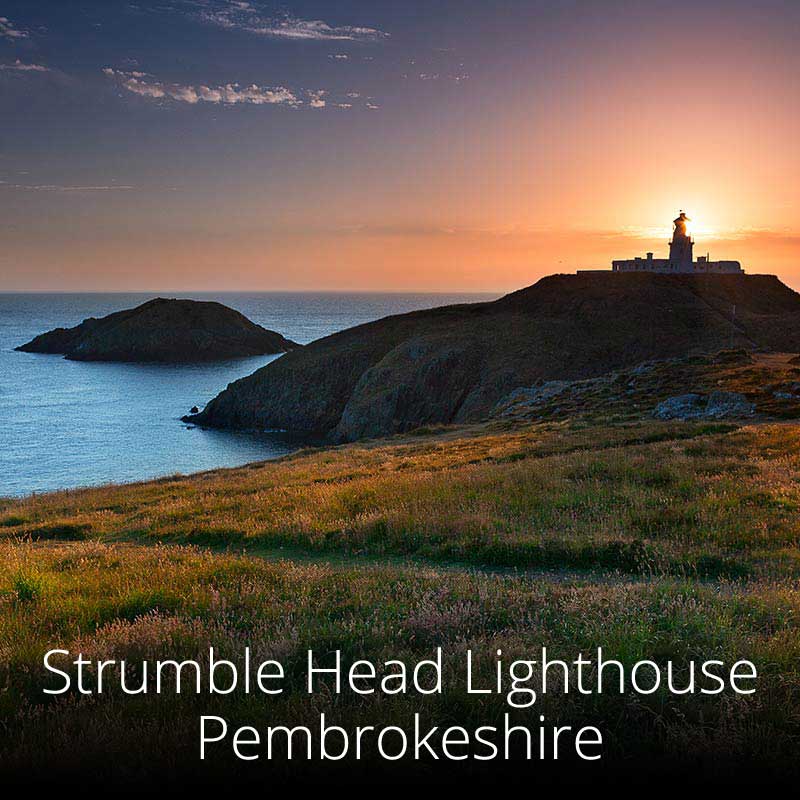 Strumble Head lighthouse in Pembrokeshire at dusk